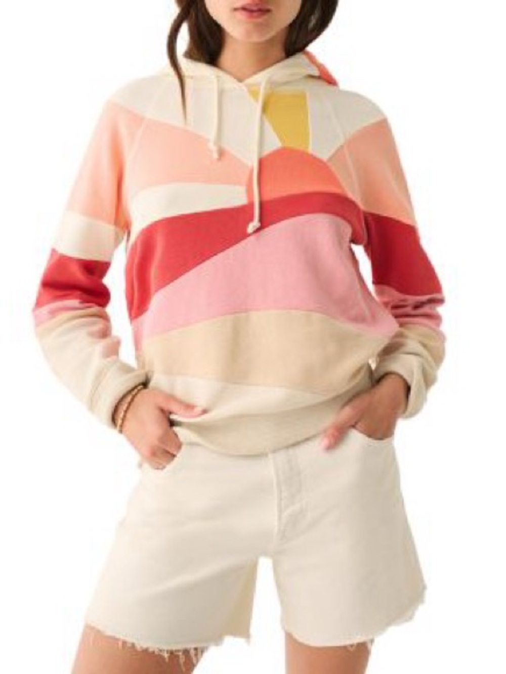 Tie-Dye Sunrise Faherty Colorblock Hoodie Sweater - Cream & Pink - Picture 2 of 4